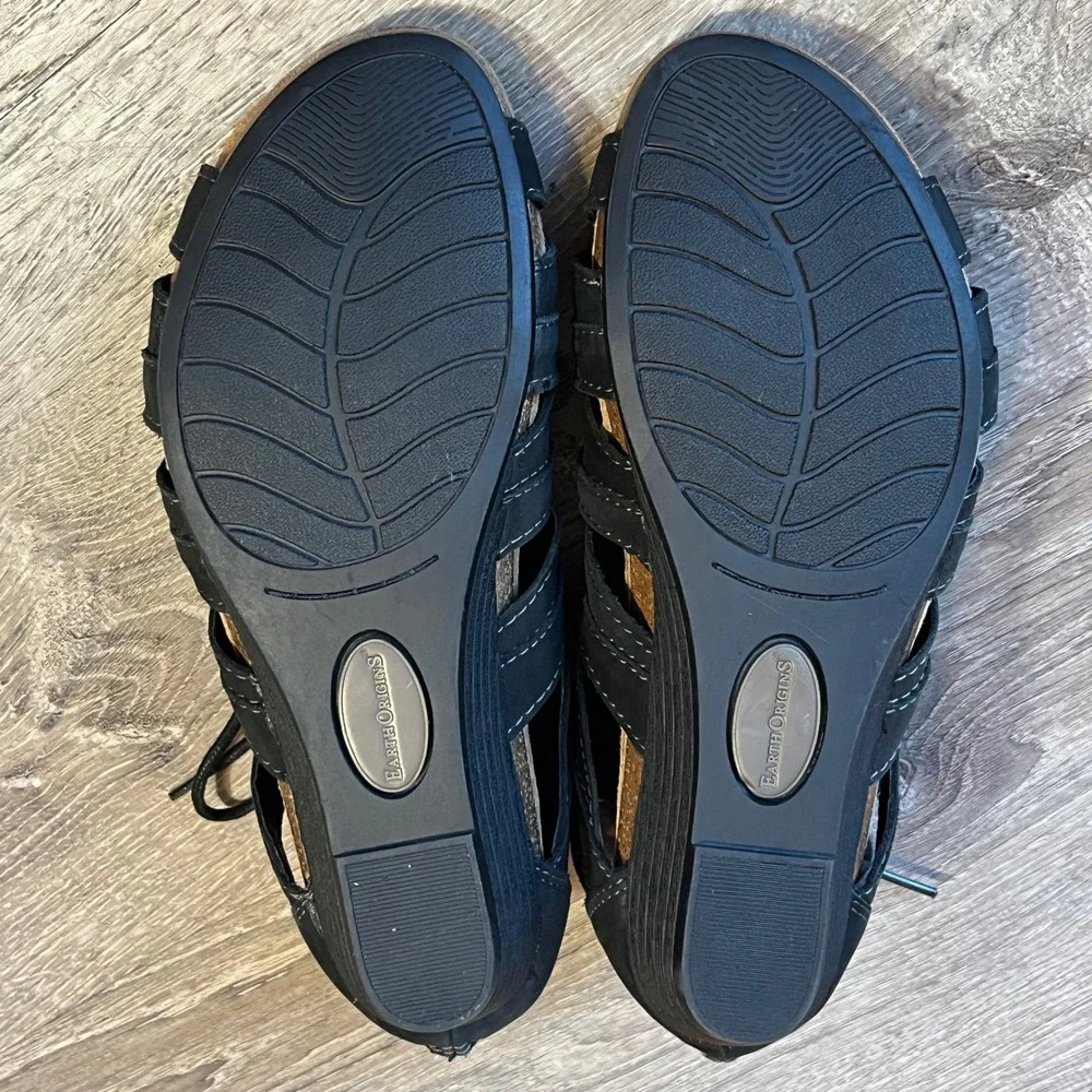 Earth Origins Harley Black Leather Gladiator Wedge Sandals Womens 8.5M Low Heel